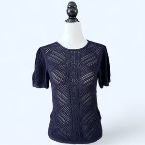 Witchery Women’s Navy Blue Garden Girl Preppy Prep Sheer Puff Sleeve Top Small